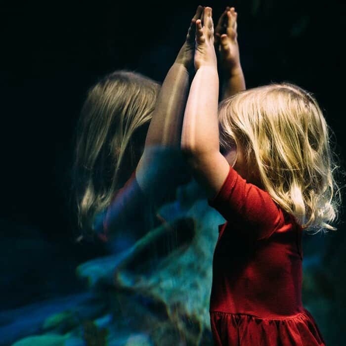 Ein Mädchen mit blonden Haaren und im roten Kleid hält die Hände nach oben an ein Aquariumsglas. Das Mädchen spiegelt sich im Glas.