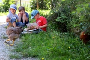Drei Kinder sitzen an einem Wegrand im Gras. Eines der Kinder liest ein Buch. Im Vordergrund laufen zwei Hühner herum.