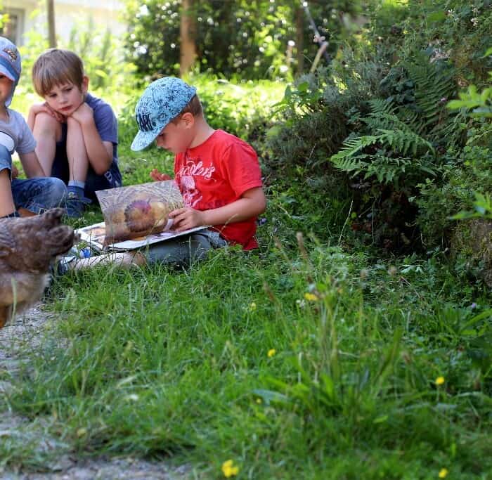 Drei Kinder sitzen an einem Wegrand im Gras. Eines der Kinder liest ein Buch. Im Vordergrund laufen zwei Hühner herum.