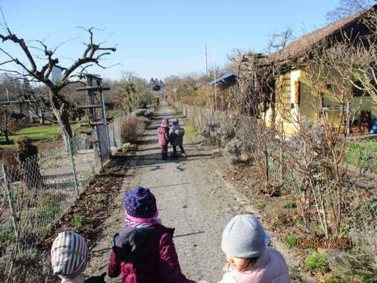 Fünf Kinder laufen auf einem Weg zwischen mehreren Schrebergärten