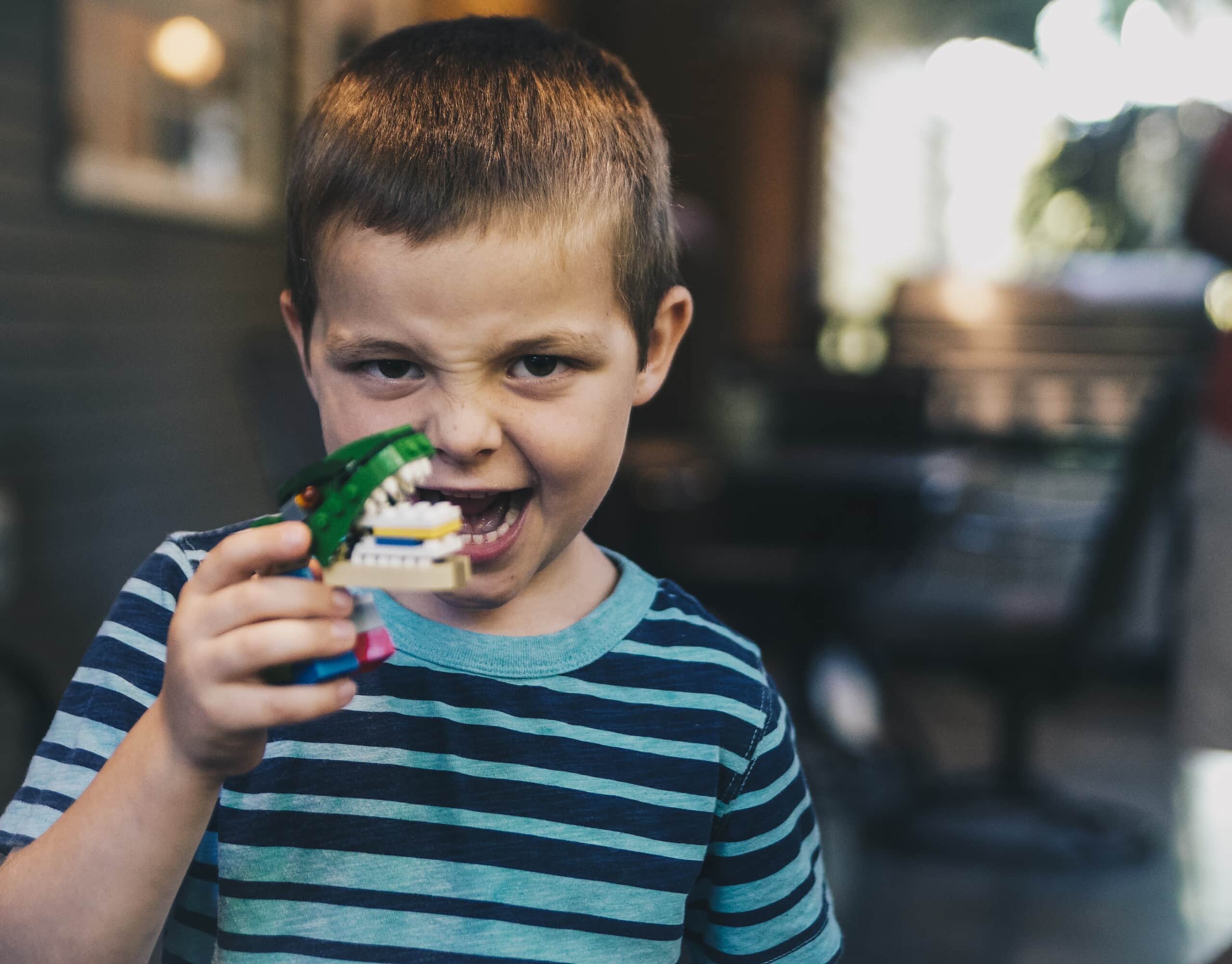 Ein Junge hat ein Plastik-Krokodil in der Hand und schaut bedrohlich.