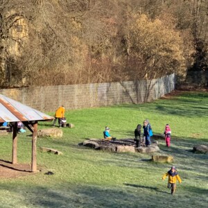 Eine Gruppe Kinder spielt auf einer Wiese.